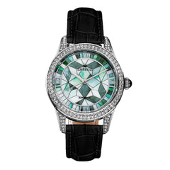 Empress Augusta Automatic Mosaic Mother-of-Pearl Leather-Band Watch - Silver/Black