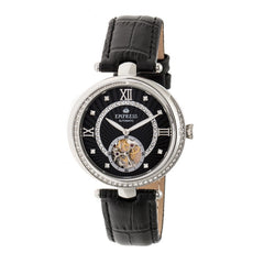 Empress Stella Automatic Semi-Skeleton Dial Leather-Band Watch - Black