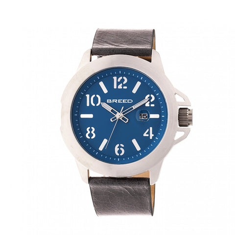 Breed Bryant Leather-Band Watch w/Date - Silver/Blue BRD7101