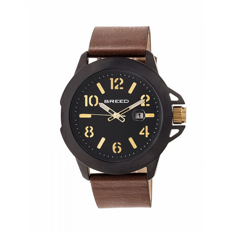 Breed Bryant Leather-Band Watch w/Date - Brown/Gold BRD7106