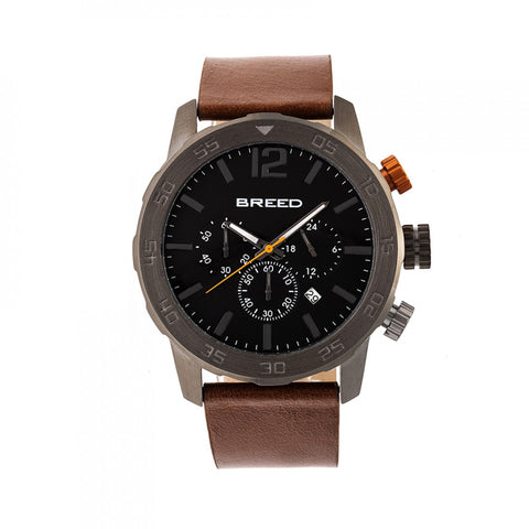 Breed Manuel Chronograph Leather-Band Watch w/Date - Gunmetal/Brown BRD7205