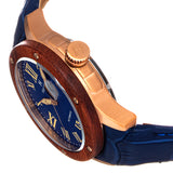 Heritor Automatic Everest Wooden Bezel Leather Band Watch /Date  - Rose Gold/Blue - HERHS1604 HERHS1604