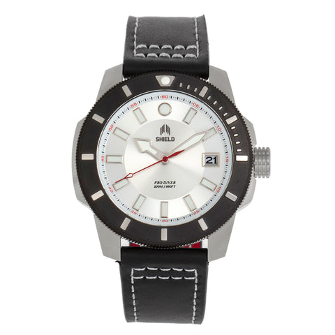 Shield Shaw Leather-Band Men's Diver Watch w/Date - Silver SLDSH106-1