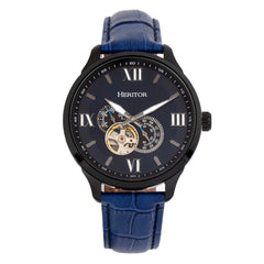 Heritor Automatic Harding Semi-Skeleton Leather-Band Watch - Black/Blue HERHR9005