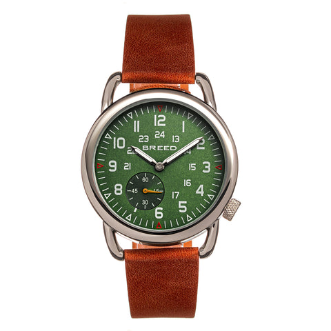 Breed Regulator Leather-Band Watch w/Second Sub-dial - Brown/Green - BRD8803 BRD8803