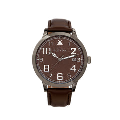 Elevon Sabre Leather-Band Watch w/Date - Gunmetal/Goldenrod/Brown ELE121-6