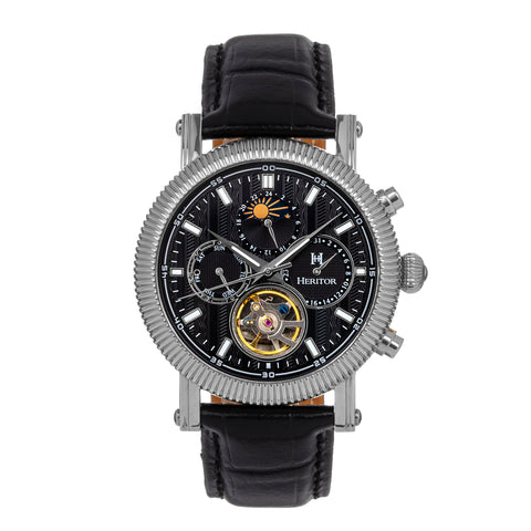 Heritor Automatic Barnsley Semi-Skeleton Leather-Band Watch - Silver/Black - HERHS1802 HERHS1802