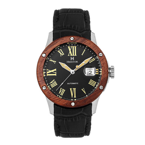 Heritor Automatic Everest Wooden Bezel Leather Band Watch /Date  - Silver/Black - HERHS1601 HERHS1601