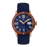Heritor Automatic Everest Wooden Bezel Leather Band Watch /Date  - Rose Gold/Blue - HERHS1604 HERHS1604