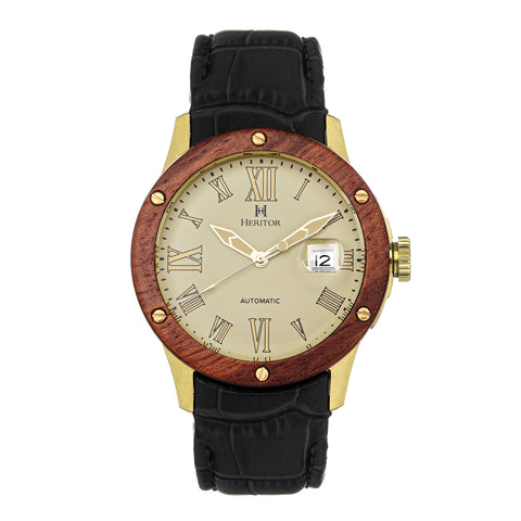 Heritor Automatic Everest Wooden Bezel Leather Band Watch /Date  - Gold/Cream - HERHS1602 HERHS1602
