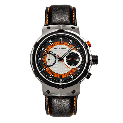 Morphic M91 Series Chronograph Leather-Band Watch w/Date - Silver/Orange - MPH9101 MPH9101