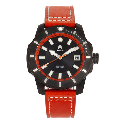 Shield Shaw Leather-Band Men's Diver Watch w/Date - Black/Orange SLDSH106-6