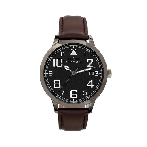 Elevon Sabre Leather-Band Watch w/Date - Gunmetal/Black/Brown ELE121-5