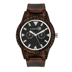 Earth Wood Hyperion Leather-Band Watch w/Day/Date - Dark Brown - ETHEW5902 ETHEW5902