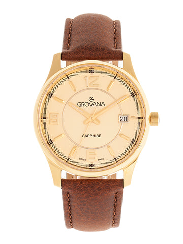 Grovana Swiss Made Sapphire Leather-Band  Men's Watch - Gold/Brown 1215.1511