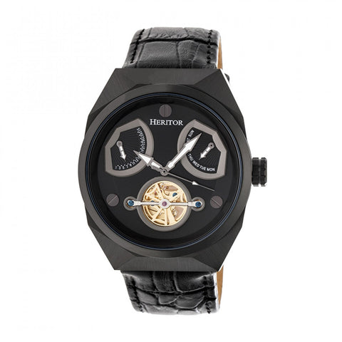 Heritor Automatic Oxford Semi-Skeleton Leather-Band Watch - Black HERHR5506
