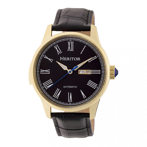 Heritor Automatic Prescott Leather-Band Watch w/ Day/Date - Gold/Black HERHR6703