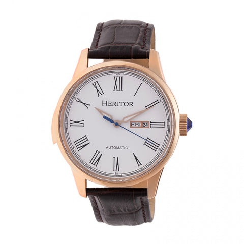 Heritor Automatic Prescott Leather-Band Watch w/ Day/Date - Rose Gold/White HERHR6704