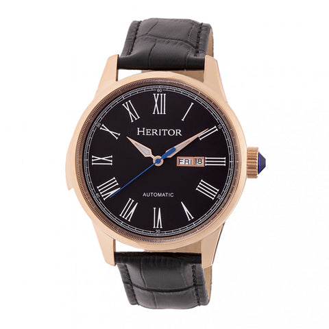 Heritor Automatic Prescott Leather-Band Watch w/ Day/Date - Rose Gold/Black HERHR6705