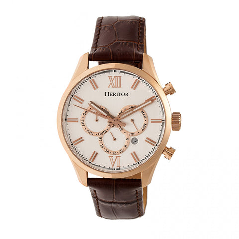 Heritor Automatic Benedict Leather-Band Watch w/ Day/Date - Rose Gold/Silver HERHR6804