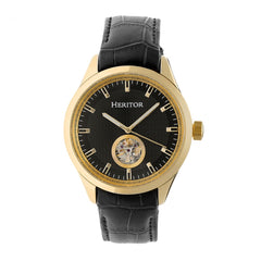 Heritor Automatic Crew Semi-Skeleton Leather-Band Watch - Gold/Black HERHR7006