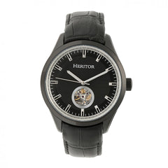 Heritor Automatic Crew Semi-Skeleton Leather-Band Watch - Black HERHR7008