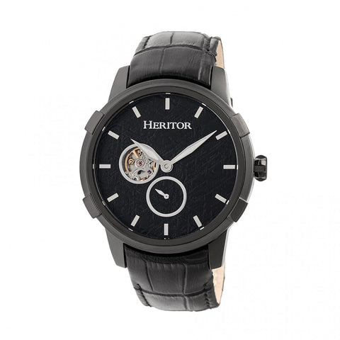 Heritor Automatic Callisto Semi-Skeleton Leather-Band Watch - Black HERHR7206