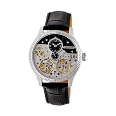Heritor Automatic Winthrop Leather-Band Skeleton Watch - Silver/Black HERHR7302