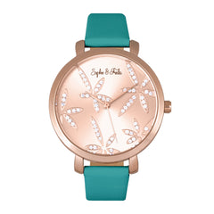 Sophie & Freda Key West Leather-Band Watch w/Swarovski Crystals - Rose Gold/Teal SAFSF4308