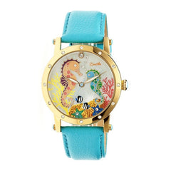 Bertha Morgan MOP Leather-Band Ladies Watch - Gold/Turquoise