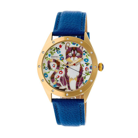 Bertha Selina Mother-of-Pearl Leather-Band Watch - Gold/Blue BTHBR6105
