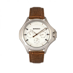 Breed Tempe Leather-Band Watch w/Day/Date - Light Brown/Silver
