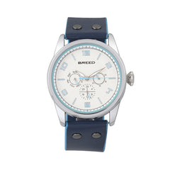 Breed Rio Leather-Band Watch w/Day/Date - Silver/Blue