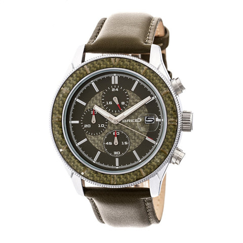 Breed Maverick Chronograph Leather-Band Watch w/Date - Silver/Olive BRD7505