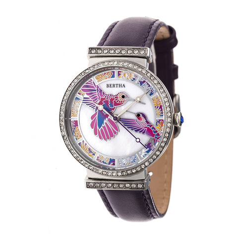 Bertha Emily Mother-Of-Pearl Leather-Band Watch - Silver/Purple BTHBR7805