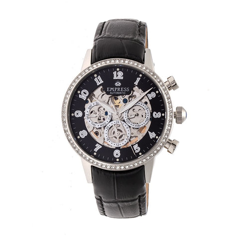 Empress Beatrice Automatic Skeleton Dial Leather-Band Watch w/Day/Date - Silver/Black EMPEM2002