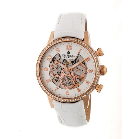 Empress Beatrice Automatic Skeleton Dial Leather-Band Watch w/Day/Date - Rose Gold/White EMPEM2005
