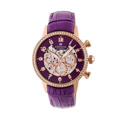 Empress Beatrice Automatic Skeleton Dial Leather-Band Watch w/Day/Date - Rose Gold/Purple EMPEM2006