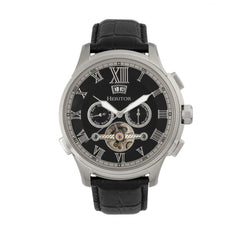 Heritor Automatic Hudson Semi-Skeleton Leather-Band Watch w/Day/Date - Black/Silver HERHR7502