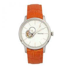Heritor Automatic Landon Semi-Skeleton Leather-Band Watch - Silver/Orange HERHR7703