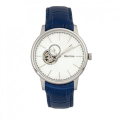 Heritor Automatic Landon Semi-Skeleton Leather-Band Watch - Silver/Blue HERHR7704