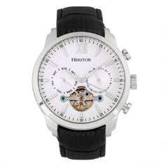 Heritor Automatic Arthur Semi-Skeleton Leather-Band Watch w/ Day/Date - Silver