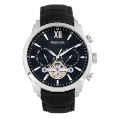 Heritor Automatic Arthur Semi-Skeleton Leather-Band Watch w/ Day/Date - Silver/Black HERHR7902