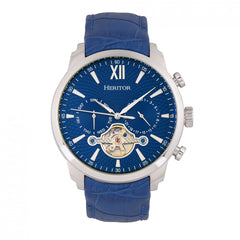 Heritor Automatic Arthur Semi-Skeleton Leather-Band Watch w/ Day/Date - Silver/Blue HERHR7903