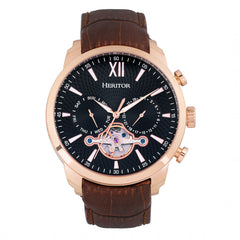 Heritor Automatic Arthur Semi-Skeleton Leather-Band Watch w/ Day/Date - Rose Gold/Black HERHR7906