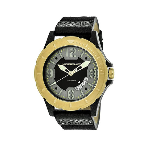Morphic M47 Series Leather-Band Watch w/ Date - Black/Gold MPH4704