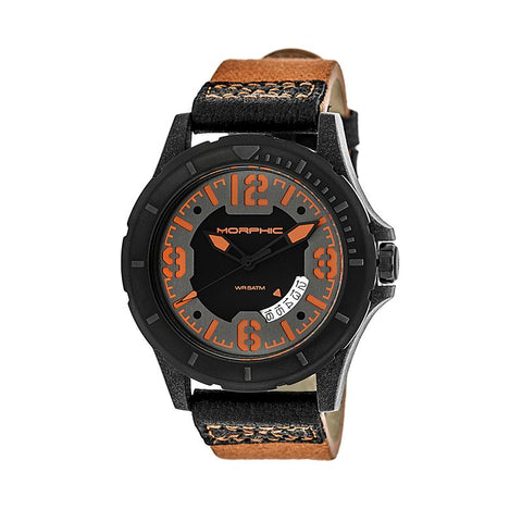 Morphic M47 Series Leather-Band Watch w/ Date - Orange/Black MPH4705