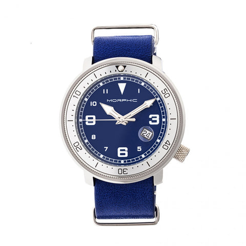 Morphic M58 Series Nato Leather-Band Watch w/ Date - Silver/Blue MPH5802