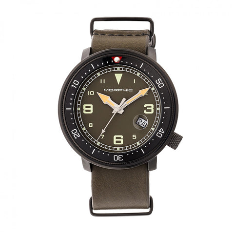 Morphic M58 Series Nato Leather-Band Watch w/ Date - Black/Olive MPH5806