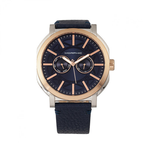 Morphic M62 Series Leather-Band Watch w/Day/Date - Rose Gold/Navy MPH6206
